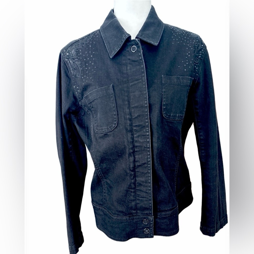 Chico’s Platinum Black Snap Front Embellished Stretch Denim Jacket Size L